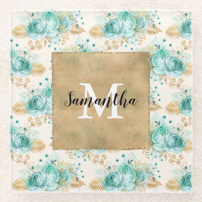 Posavasos De Vidrio Aqua Cream Gold Floral Monograma negro (Anverso)