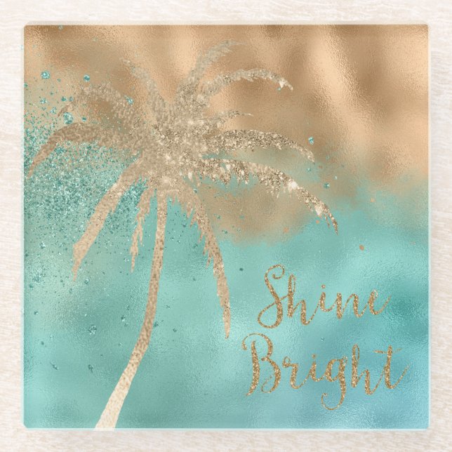 Posavasos De Vidrio Aqua Gold Palm Tree Shine Bright Purpurina (Anverso)