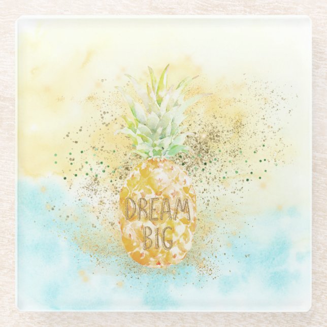 Posavasos De Vidrio Aqua Yellow Pineapple Gold Dream Glitz (Anverso)