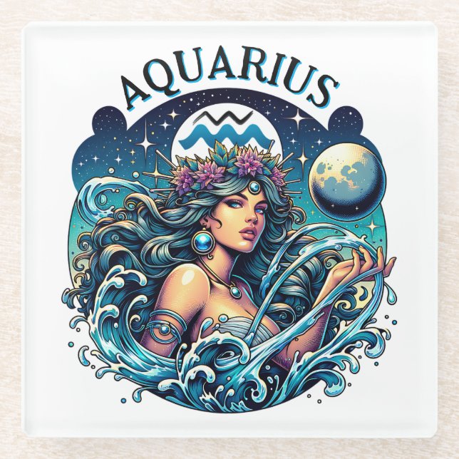 Posavasos De Vidrio Aquarius Water Bearer Beautiful Woman Astrology  (Anverso)