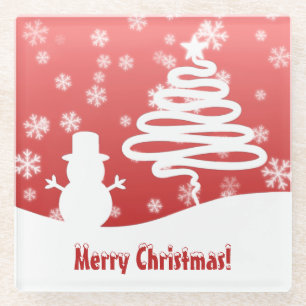 Posavasos De Vidrio Árbol blanco de Navidad y muñeco de nieve