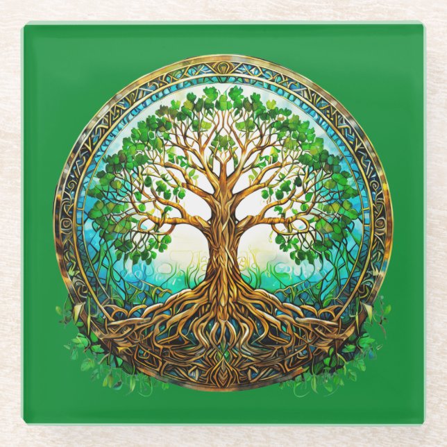 Posavasos De Vidrio Árbol celta de vida en verde esmeralda (Anverso)