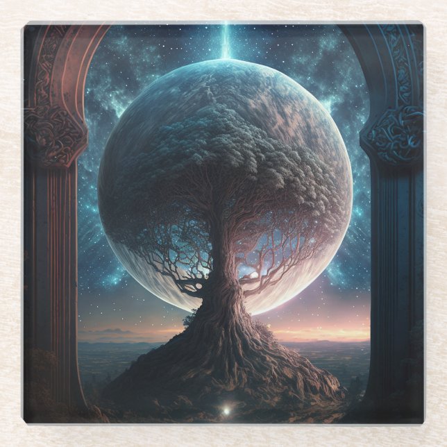 Posavasos De Vidrio Árbol cósmico Universo Surreal Fantasía Arte (Anverso)