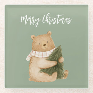 Posavasos De Vidrio Árbol de Navidad Oso Feliz Blanco Verde
