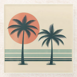 Posavasos De Vidrio Árbol de palmeras tropicales retro/vintage