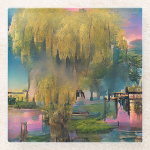 Posavasos De Vidrio Árbol salvaje al atardecer junto al estanque