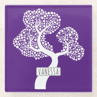 Posavasos De Vidrio Árbol y nombre de círculo abstracto blanco, púrpur