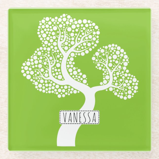 Posavasos De Vidrio Árbol y nombre de círculo abstracto blanco, verde  (Anverso)