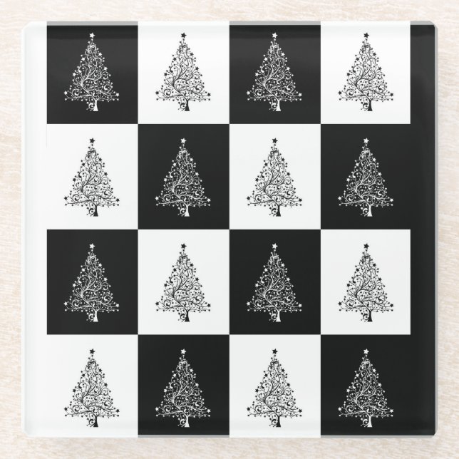 Posavasos De Vidrio Árboles de Navidad blancos y negros (Anverso)
