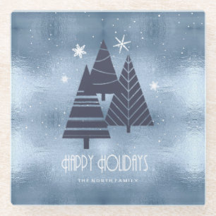 Posavasos De Vidrio Árboles de Navidad y copos de nieve Blue ID863