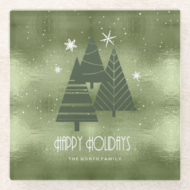 Posavasos De Vidrio Árboles de Navidad y copos de nieve Green ID863 (Anverso)