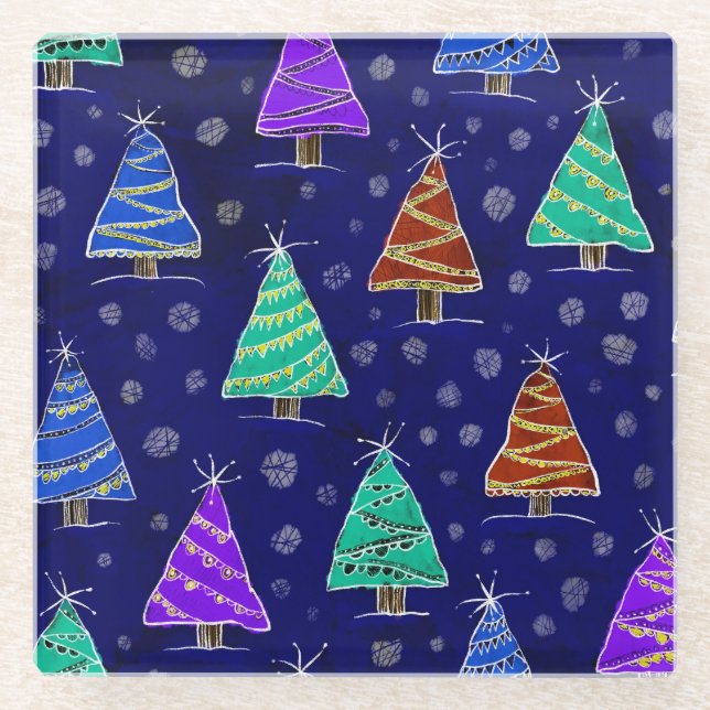 Posavasos De Vidrio Árboles navideños acuarelas: Patrón forestal. (Anverso)