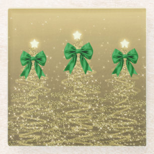 Posavasos De Vidrio Árboles Navideños Brillantes Dorados con Lazo Verd