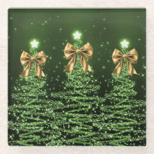 Posavasos De Vidrio Árboles Navideños Brillantes Verdes con Lazo Dorad