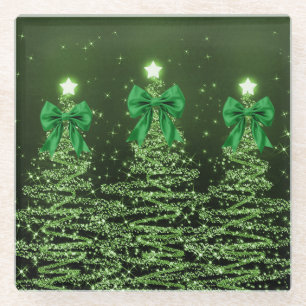 Posavasos De Vidrio Árboles Navideños Brillantes Verdes con Lazo Falso