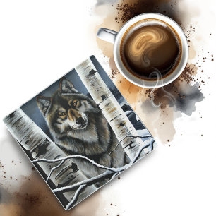 Posavasos De Vidrio Árboles populares del lobo de madera alfa