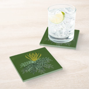Posavasos De Vidrio Arbusto Mahonia Botánico Dibujado a Mano Verde