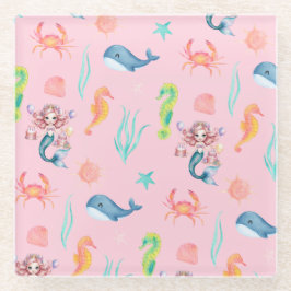 Posavasos De Vidrio Arcoiris de ballena de sirena mágica fiesta chica