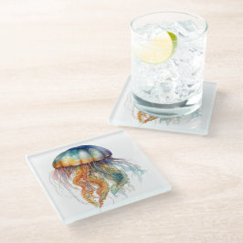 Posavasos De Vidrio Arcoiris marea medusa: Arte acuarela