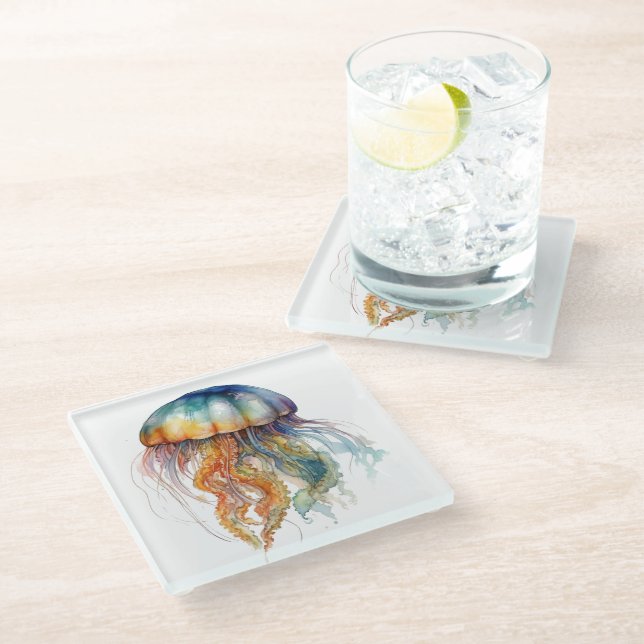 Posavasos De Vidrio Arcoiris marea medusa: Arte acuarela (Angular)