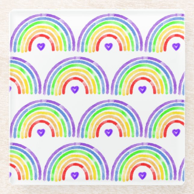 Posavasos De Vidrio Arcoiris y corazones acuarelas (Anverso)