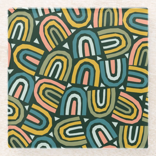 Posavasos De Vidrio Arcos de lluvia en estilo geométrico, patrón vinta (Anverso)