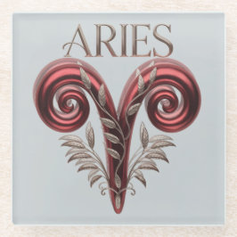 Posavasos De Vidrio Aries Red Glyph Silver Square Glass Coaster