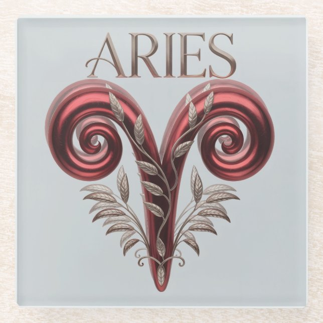 Posavasos De Vidrio Aries Red Glyph Silver Square Glass Coaster (Anverso)