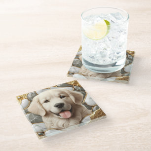 Posavasos De Vidrio Armonía clásica de mármol de Golden Retriever
