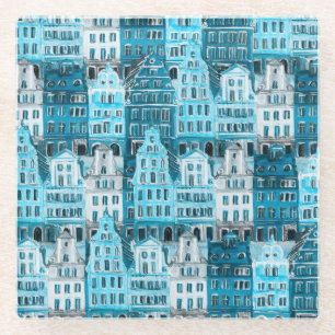 Posavasos De Vidrio Arquitectura de Ámsterdam, textura de color azul.