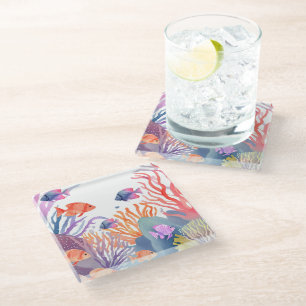 Posavasos De Vidrio Arrecife de Coral Acuarela Peces Coloridos Océan