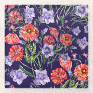 Posavasos De Vidrio Arreglo de amapola campanilla azul acuarela