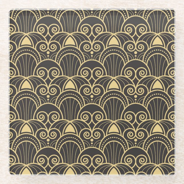 Posavasos De Vidrio Art Deco: Baldosas Geométricas de Oro. (Anverso)