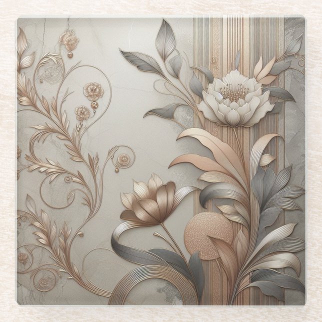 Posavasos De Vidrio Art Deco: Elegantes botánicas y lujo geométrico (Anverso)