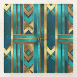 Posavasos De Vidrio Art Deco Geometric Arrows, Gold and Turquoise
