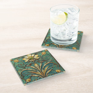 Posavasos De Vidrio Art Deco Hermoso Lily Turquoise Green Gold