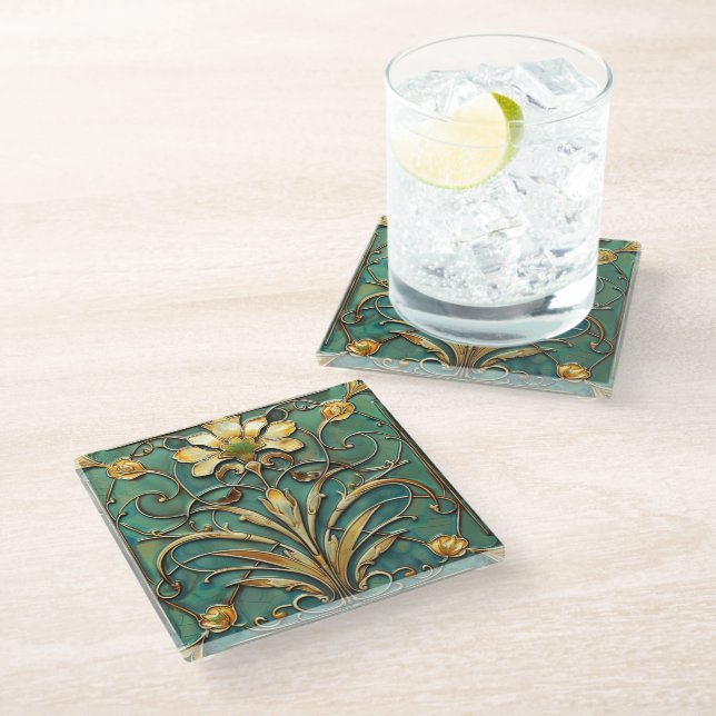 Posavasos De Vidrio Art Deco Hermoso Lily Turquoise Green Gold (Angular)