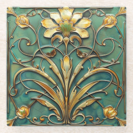 Posavasos De Vidrio Art Deco Hermoso Lily Turquoise Green Gold