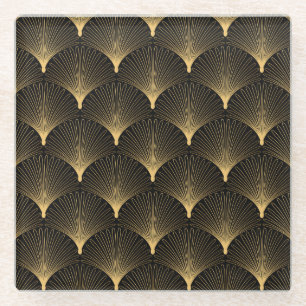 Posavasos De Vidrio Art Deco: patrón oro negro.
