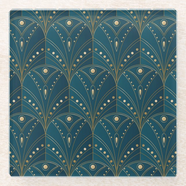 Posavasos De Vidrio Art Deco pattern with gold geometric shapes (Anverso)