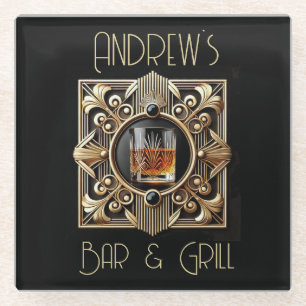 Posavasos De Vidrio Art Deco, Whiskey Logo Bar & Grill