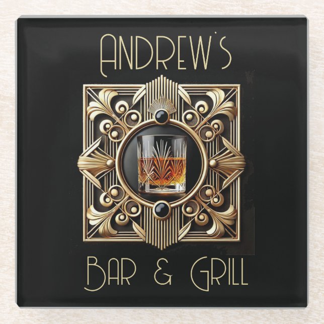 Posavasos De Vidrio Art Deco, Whiskey Logo Bar & Grill (Anverso)