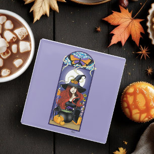 Posavasos De Vidrio Art Nouveau Bruja de Otoño Calabazas Luna Púrpura