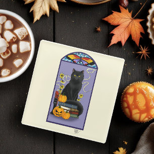 Posavasos De Vidrio Art Nouveau Gato Negro Calabaza Púrpura Otoño Amar