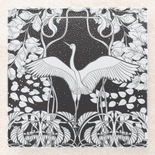 Posavasos De Vidrio Art Nouveau: Ilustración de Pájaro Floral