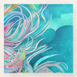 Posavasos De Vidrio Arte abstracto de coral azul playero