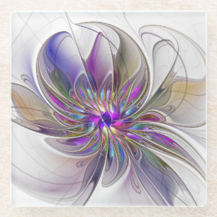 Posavasos De Vidrio Arte abstracto fractal de flores enérgico y colori
