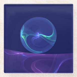 Posavasos De Vidrio Arte abstracto fractal de sueño azul púrpura lumin