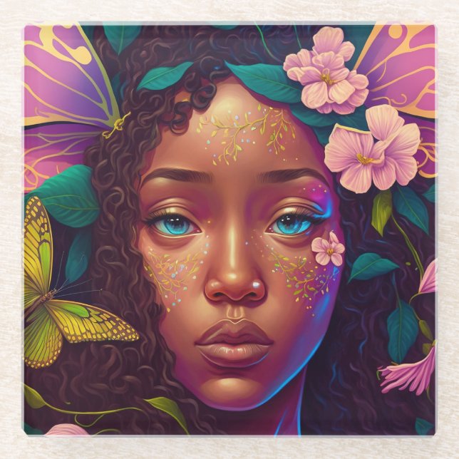 Posavasos De Vidrio Arte afroamericano de fantasía de hadas negras (Anverso)