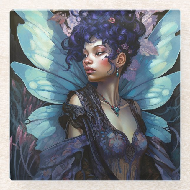 Posavasos De Vidrio Arte afroamericano de fantasía de hadas negras (Anverso)